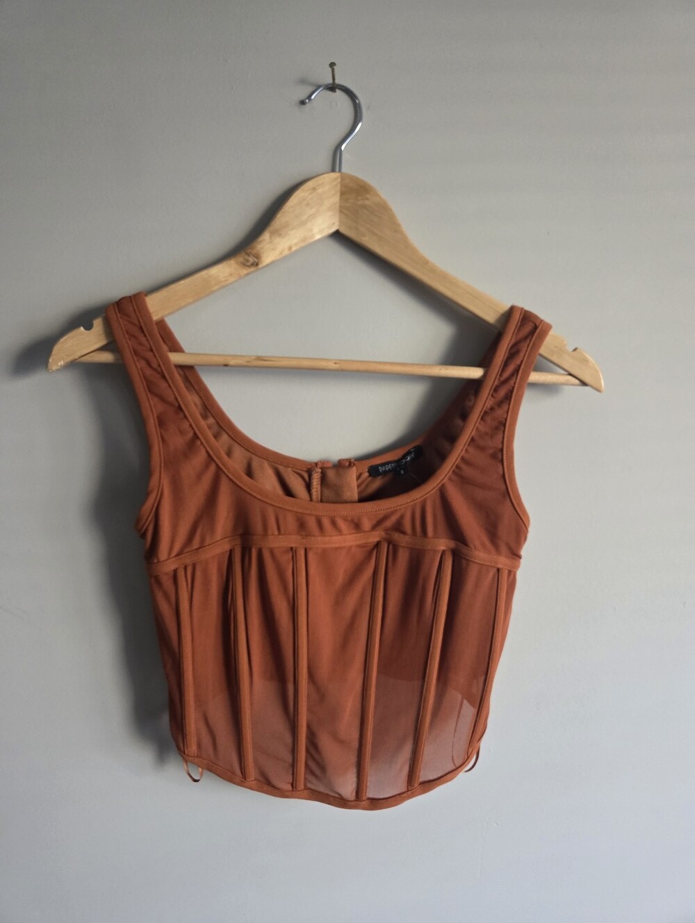 PaperMoon Simons Burnt Orange Corset Crop Top Mesh Sheer Panel Summer Tank Top
